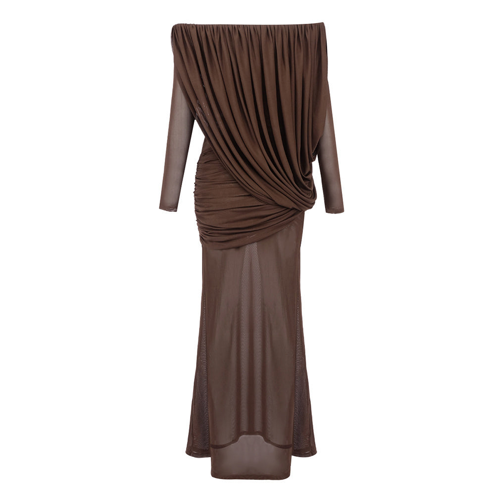 Long Sleeve Draped Bardot Maxi Dress Brown HV0066