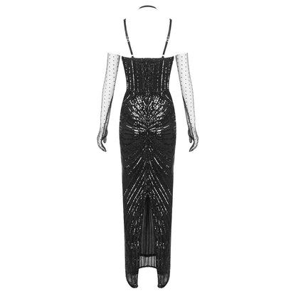 Halter Sequin Maxi Dress Black Nude HV2152