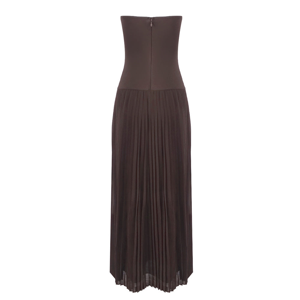 Strapless Pleated A Line Maxi Dress Brown HV2659
