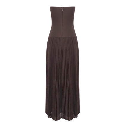 Strapless Pleated A Line Maxi Dress Brown HV2659