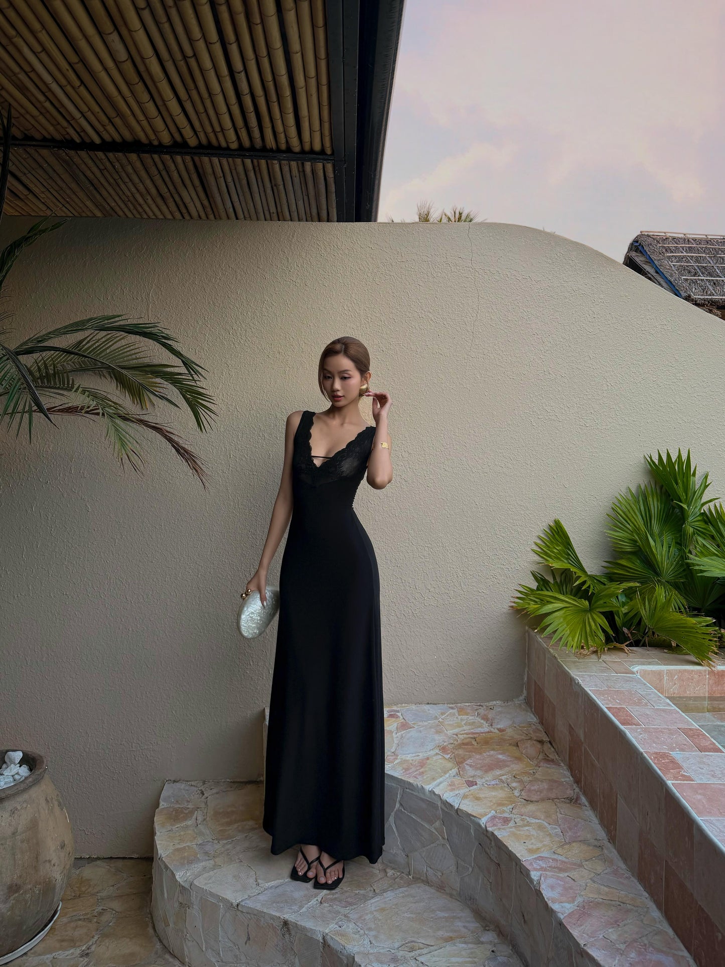 Lace Insert Bustier Maxi Dress Black HV0151