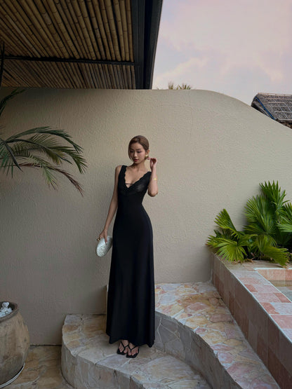 Lace Insert Bustier Maxi Dress Black HV0151