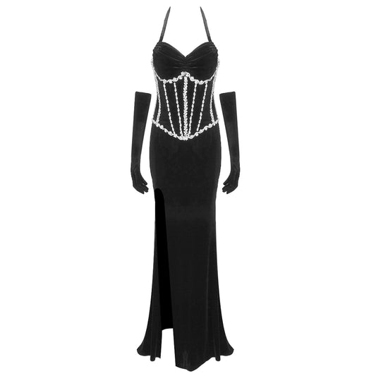 Halter Crystal Corset Maxi Velvet Dress Black HV1130