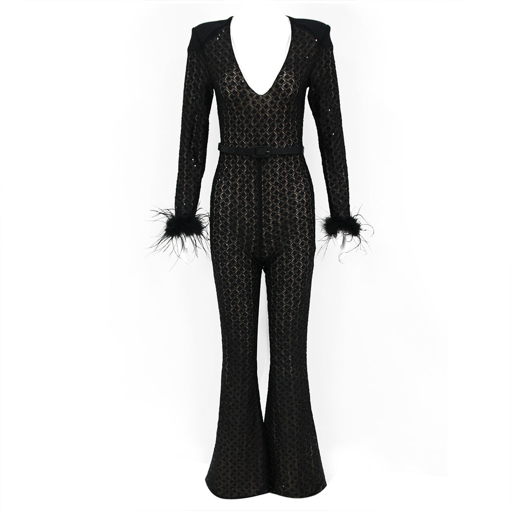 Feather Long Sleeve Sequin Jumpsuit Black HV1470