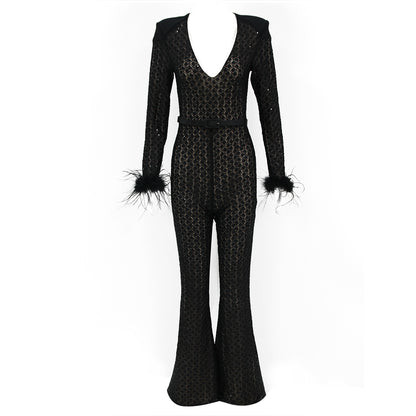 Feather Long Sleeve Sequin Jumpsuit Black HV1470