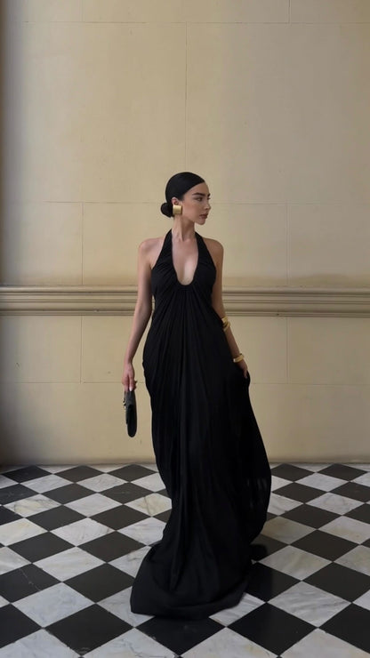 Halter Draped Design Maxi Dress Black HV0068