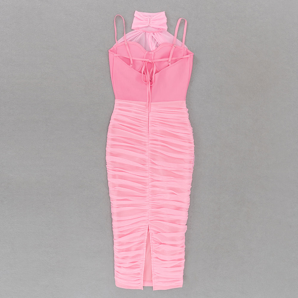 Halter Bustier Draped Mesh Midi Dress Pink HV9272