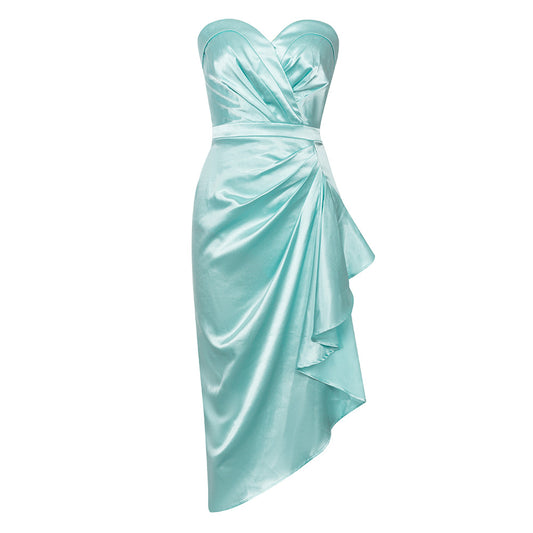 Strapless Draped Midi Silk Dress Green HV9379