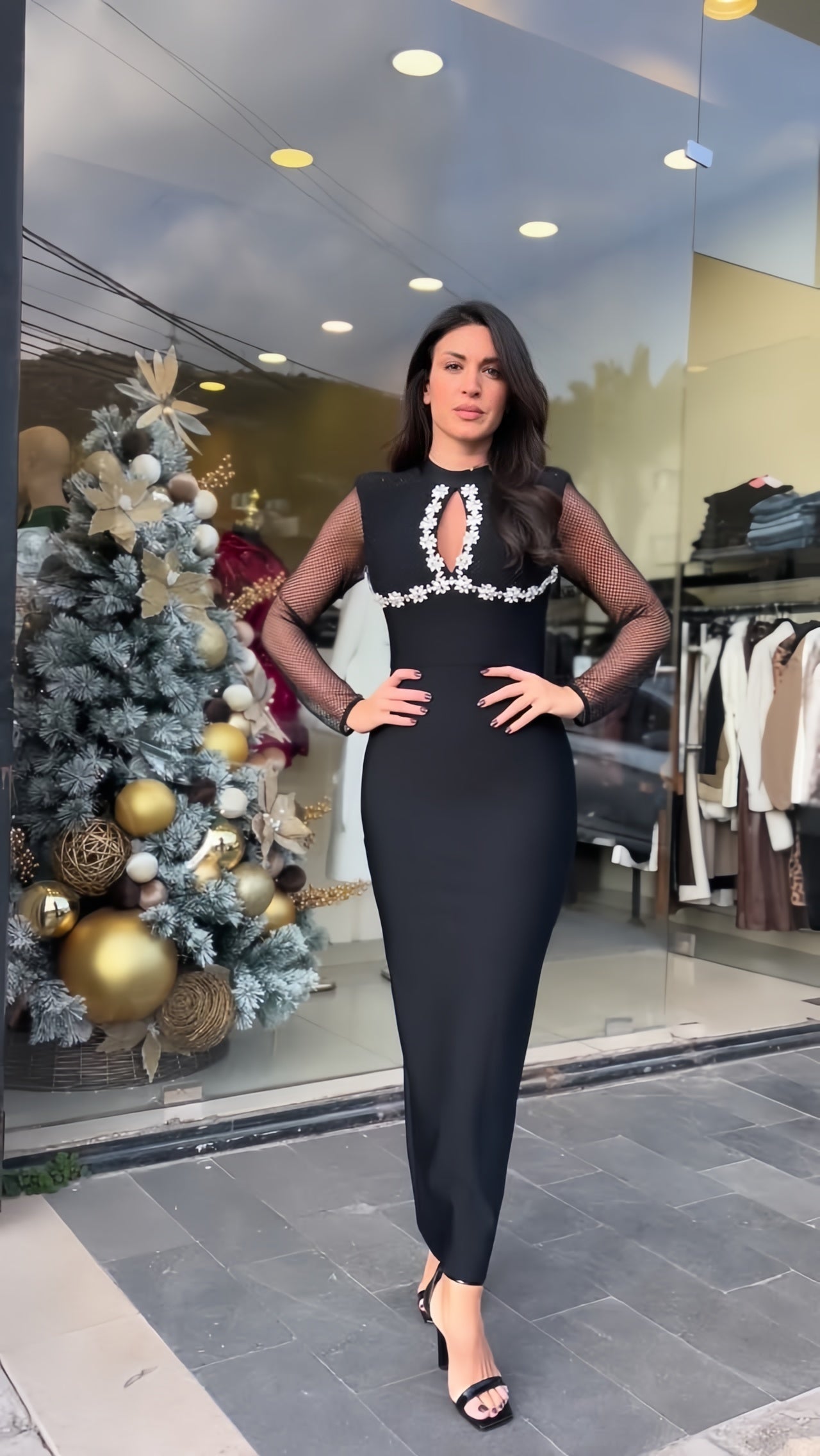 Long Sleeve Crystal Floral Detail Maxi Dress Black HV2842