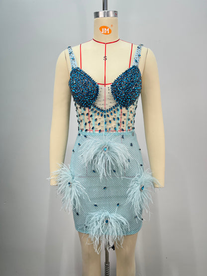 Crystal Bustier Feather Detail Dress Blue HV2192