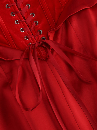 Strapless Floral Puff Detail Corset Maxi Dress Red