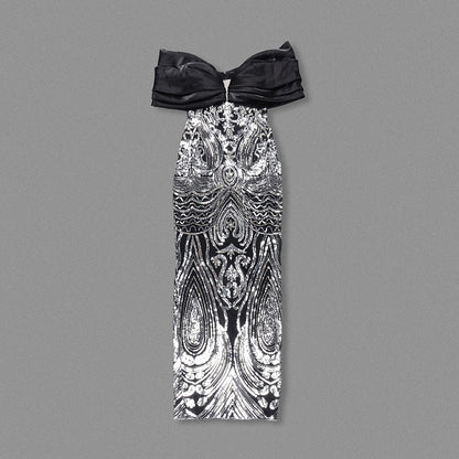 Draped Bardot Sequin Maxi Dress Black HV2052