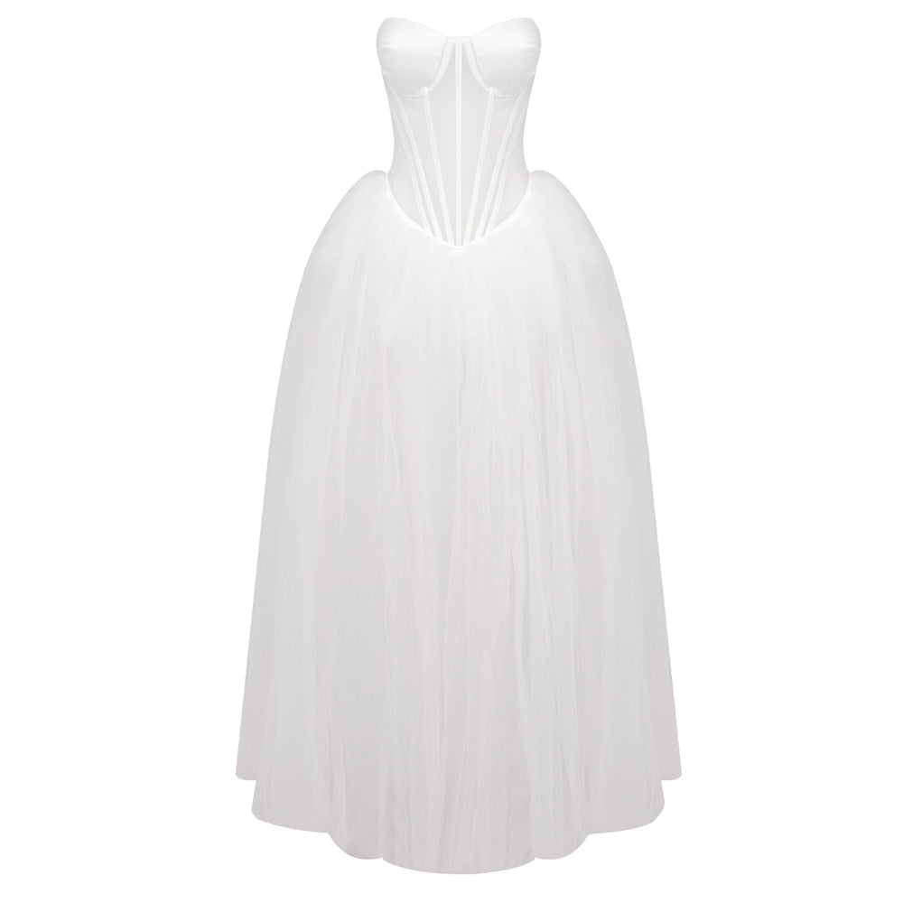 Strapless Corset A Line Maxi Dress White HV1963