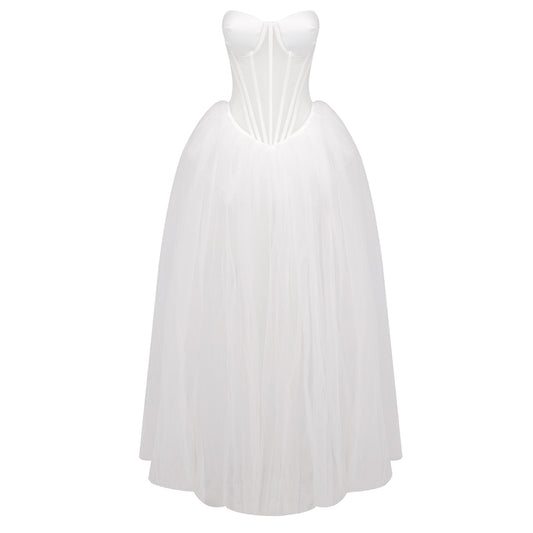 Strapless Corset A Line Maxi Dress White HV1963