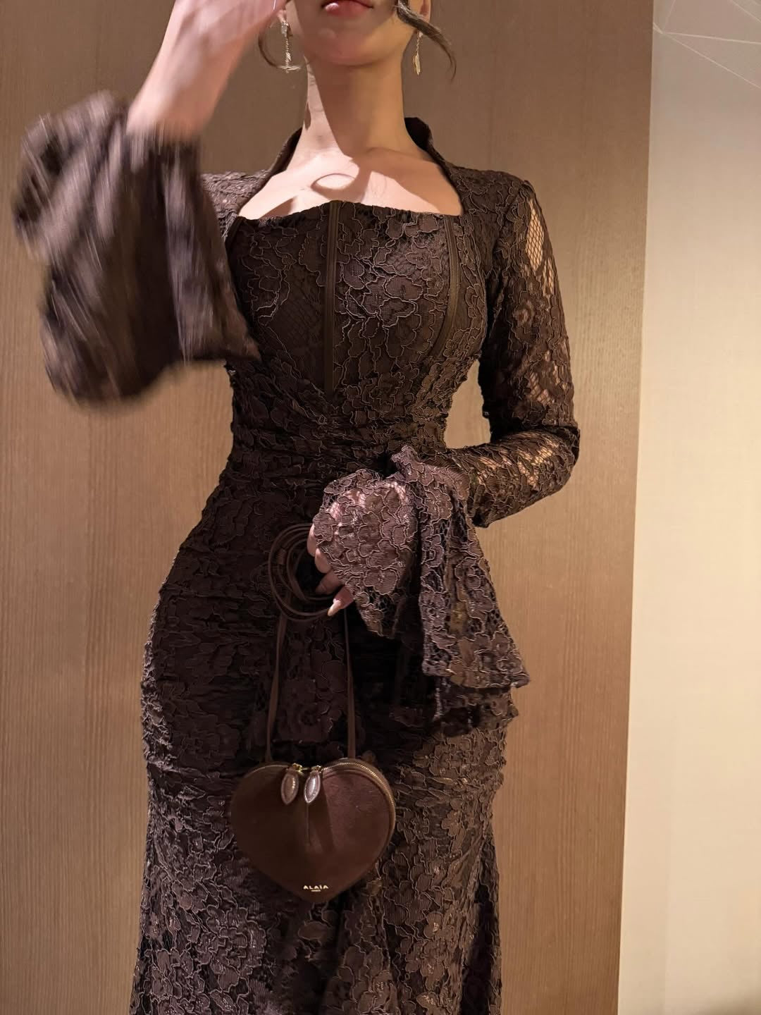 Long Sleeve Ruffle Detail Lace Maxi Dress Brown HV3238