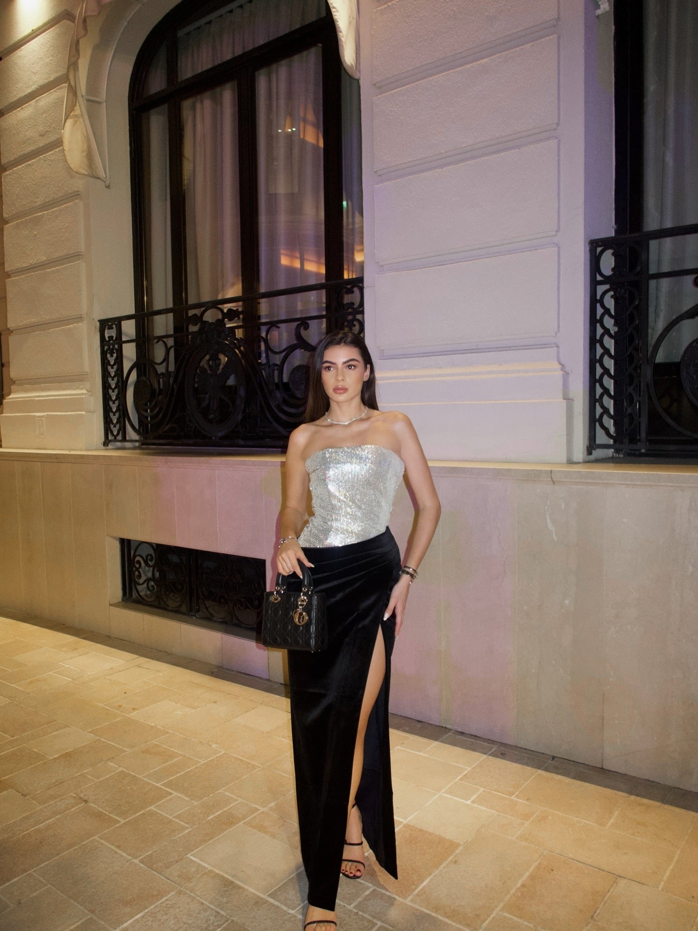 Strapless Sequin Velvet Maxi Dress Black Silver HV2736