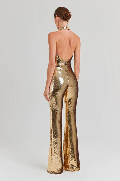 Halter Draped Sequin Jumpsuit Gold HV1099