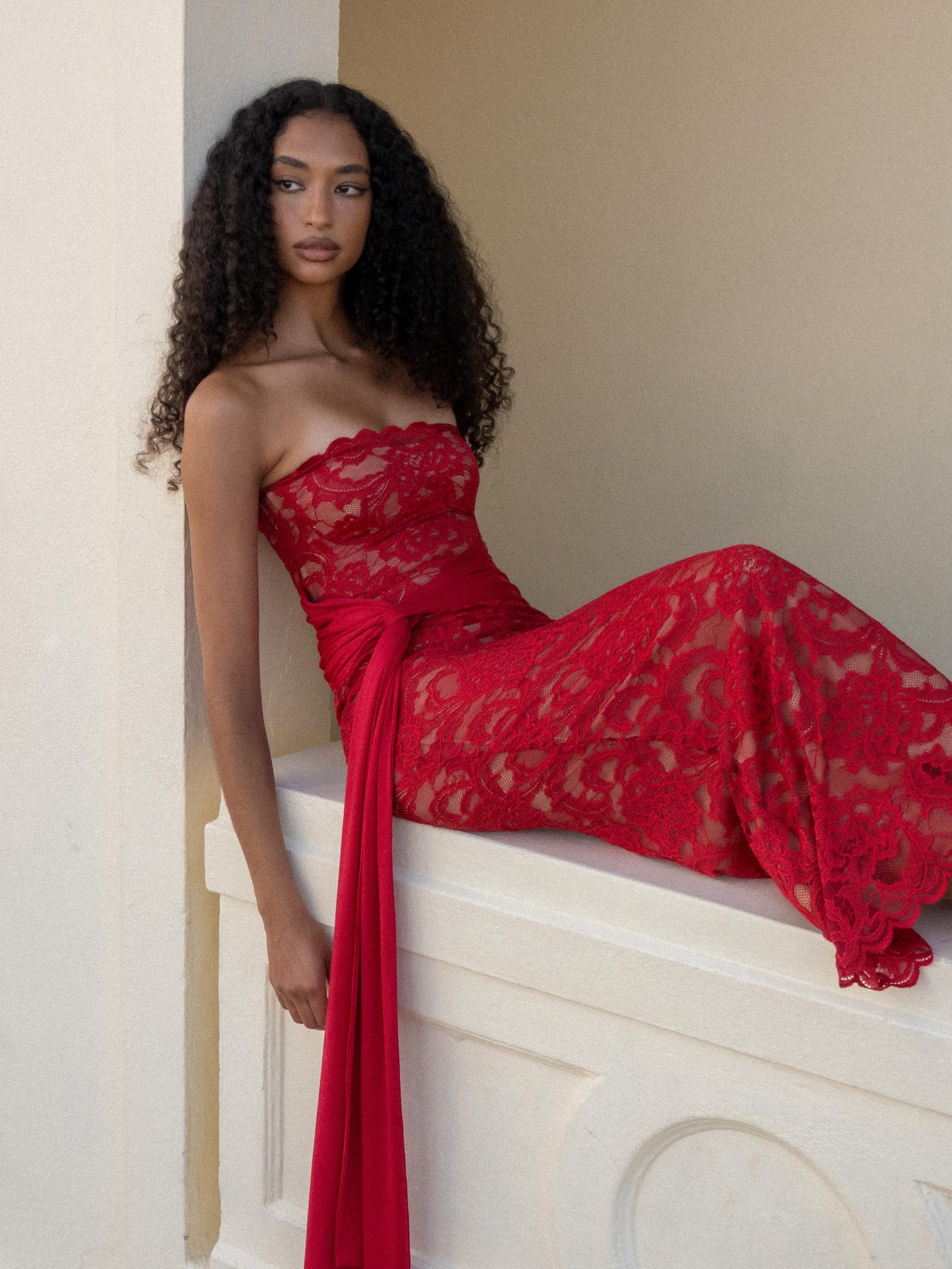 Strapless Scalloped Lace Maxi Dress HV3189