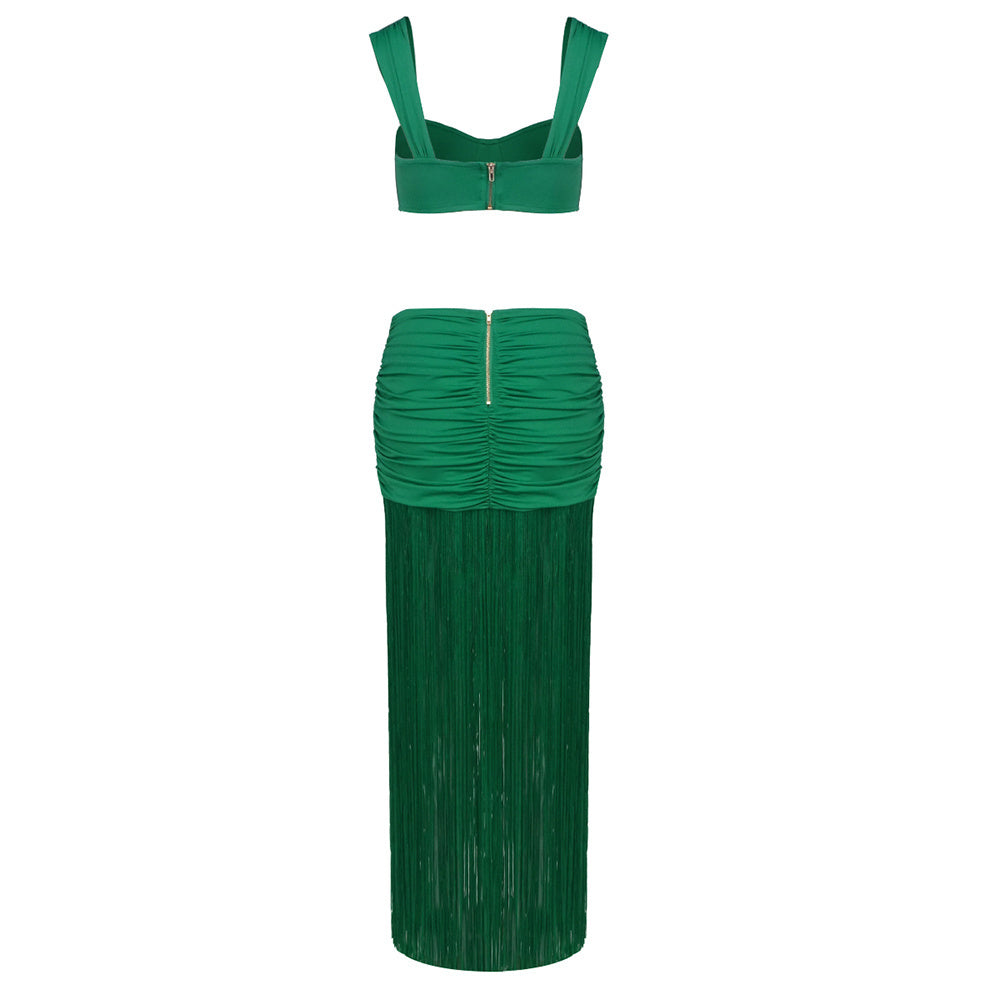 Draped Ruffle Tassel Two Piece Maxi Dress Green HV0001