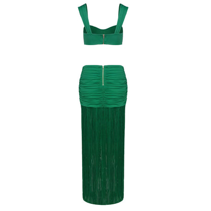 Draped Ruffle Tassel Two Piece Maxi Dress Green HV0001