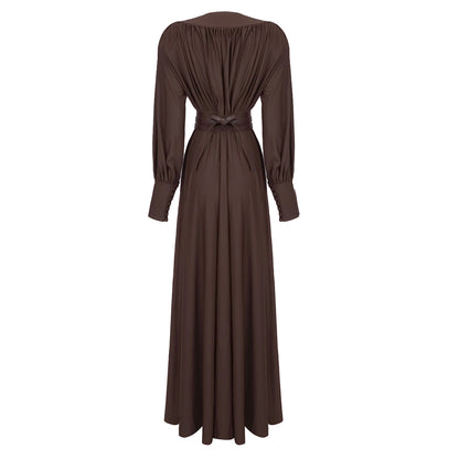 Long Sleeve Plunge V Neck Maxi Dress Brown HV1080