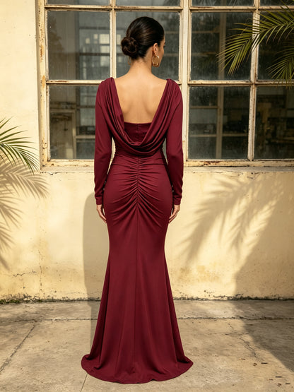 Long Sleeve Draped Bustier Maxi Dress Burgundy HV3231