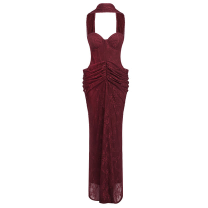 Strapless Draped Lace Bustier Maxi Dress Burgundy HV2706