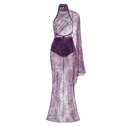 One Sleeve Draped Lace Maxi Dress HV3103