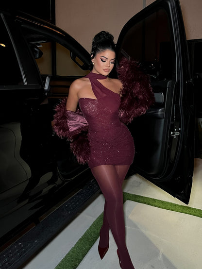 Halter Scarf Draped Sparkly Dress Burgundy HV2798