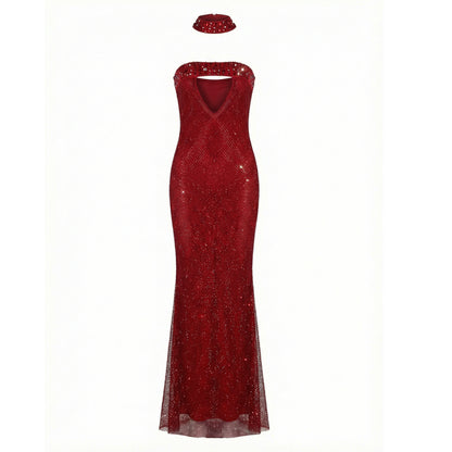 Strapless Choker Embellished Maxi Dress Red HV2815