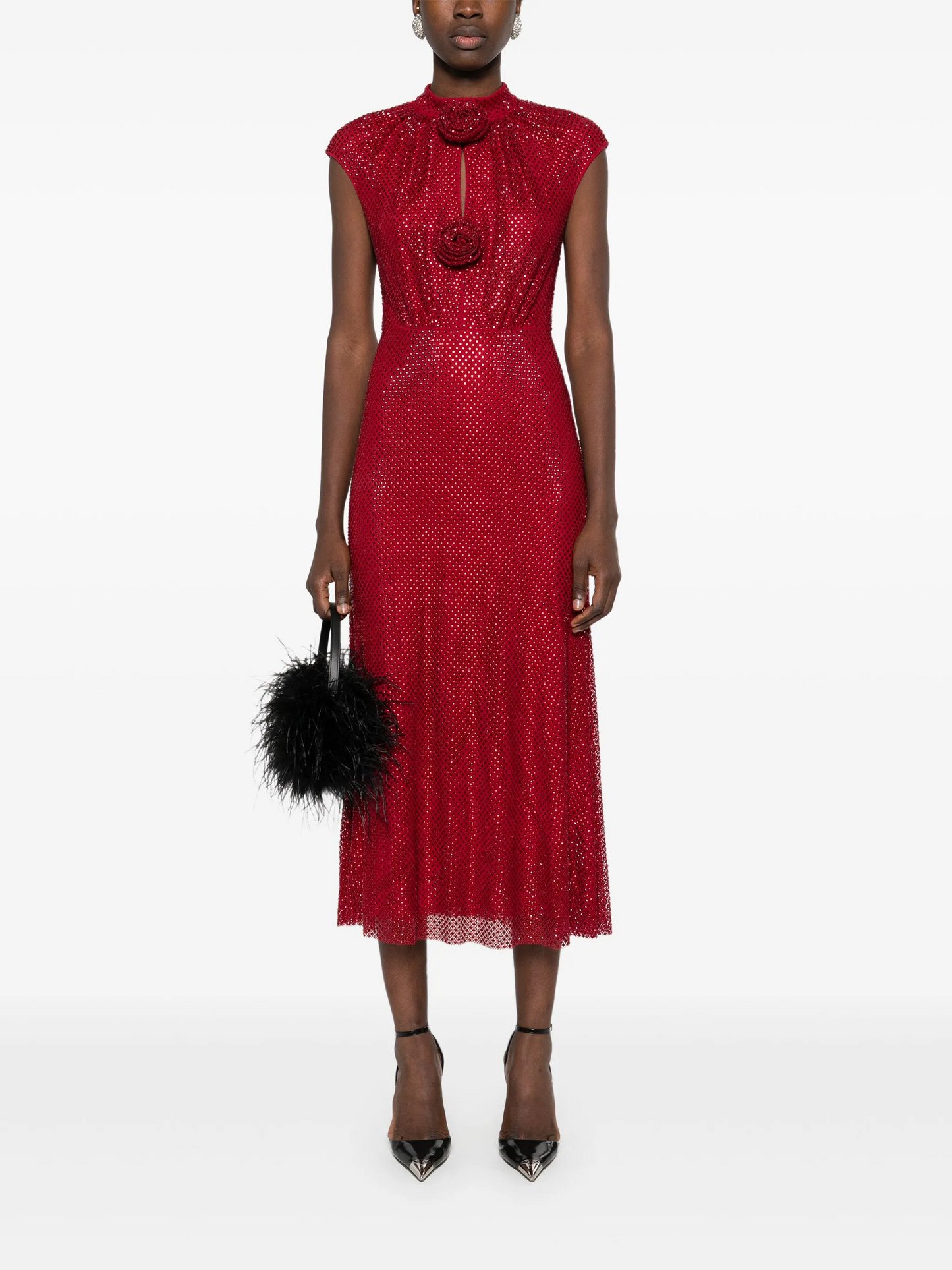 Floral Detail Sparkly Midi Dress Red HV2213