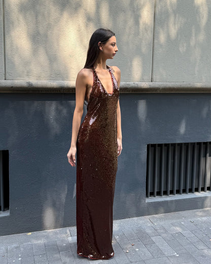 Halter Sequin Maxi Dress Brown HV2390