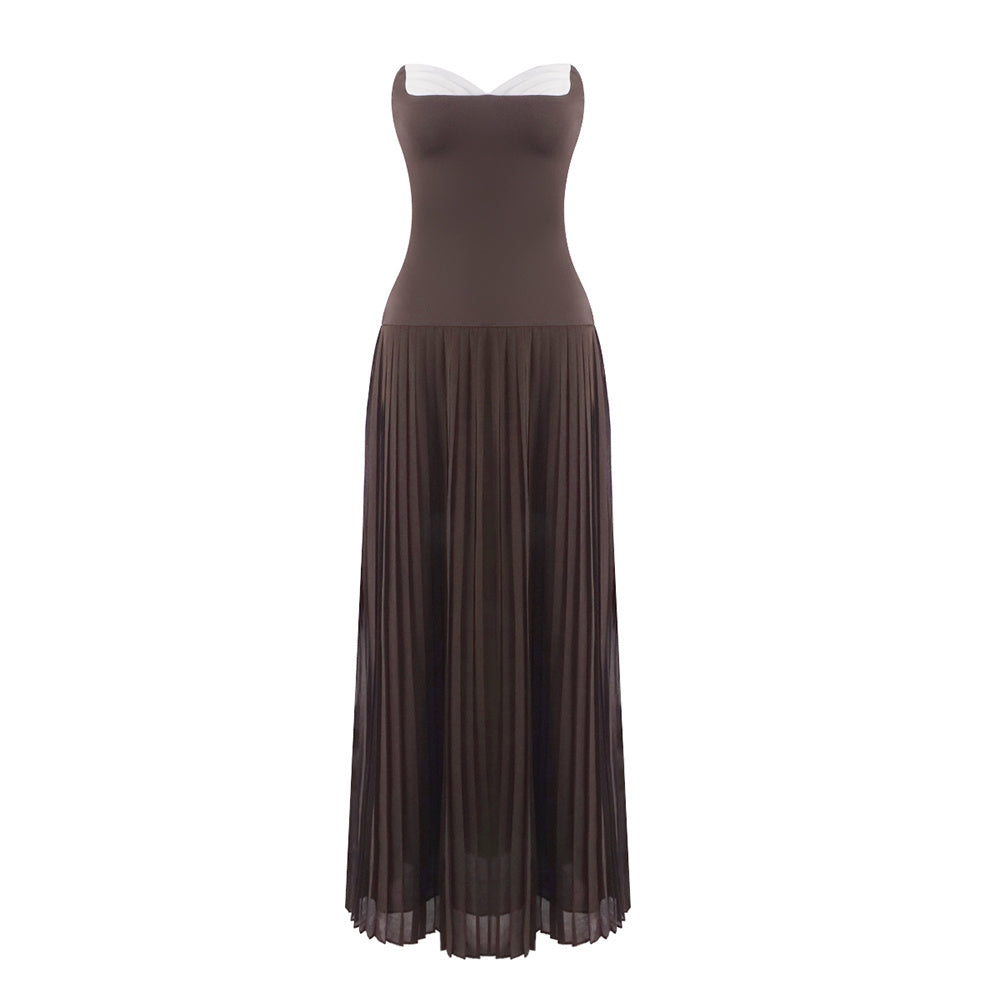 Strapless Pleated A Line Maxi Dress Brown HV2659