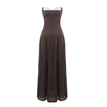 Strapless Pleated A Line Maxi Dress Brown HV2659
