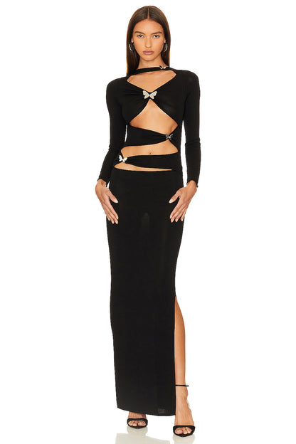 Long Sleeve Butterfly Cut Out Maxi Dress Black HV1067