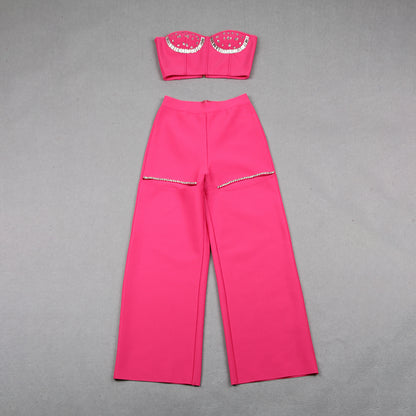 Strapless Crystal Bustier Two Piece Jumpsuit Hot Pink HV9772