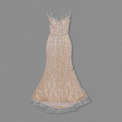 Strapless Crystal Pearl Sequin Maxi Dress Nude HV2146