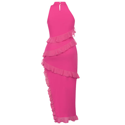 Halter Ruffle Maxi Dress Hot Pink HV9411