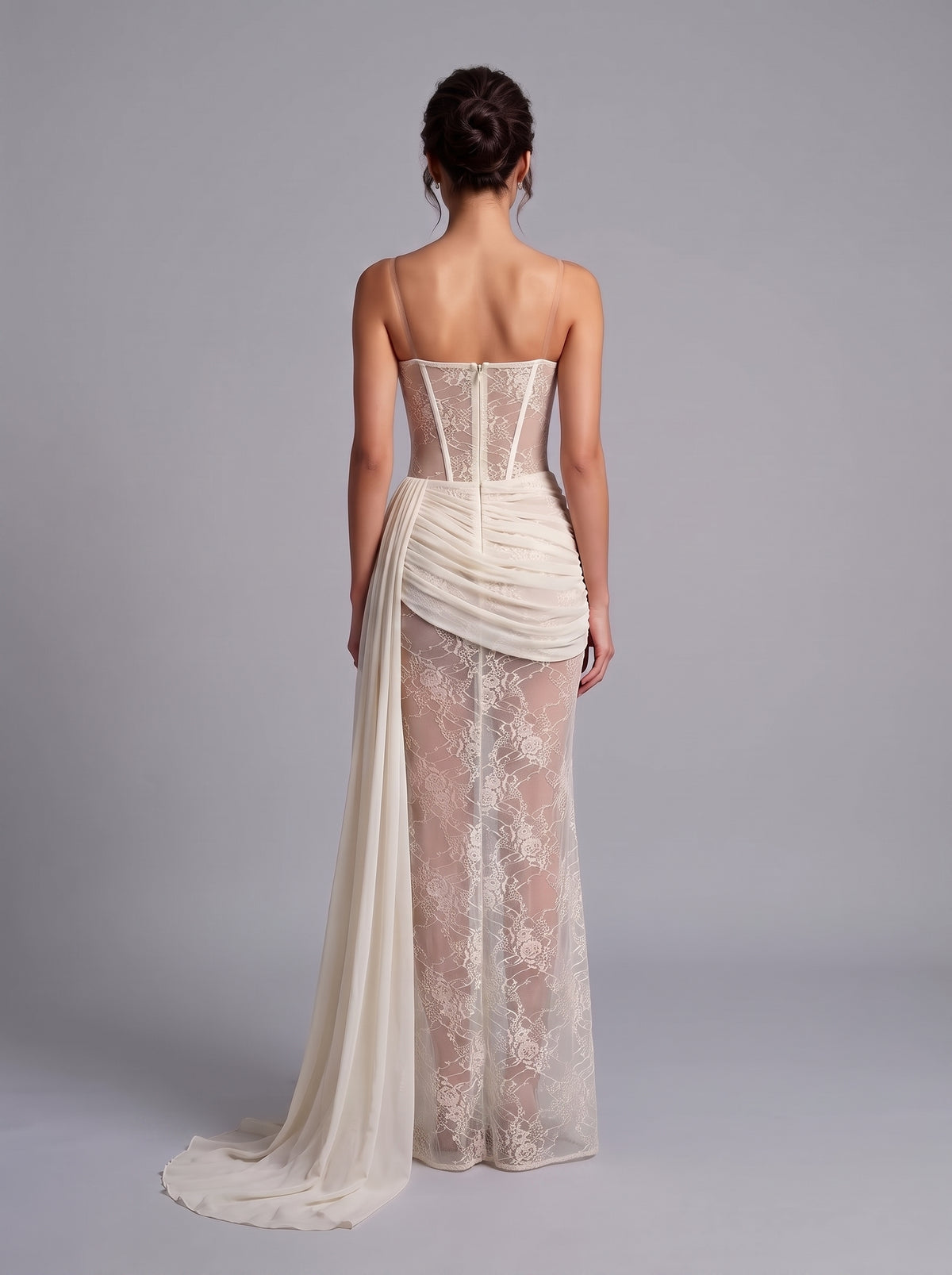 Strapless Draped Lace Bustier Maxi Dress Ivory HV3230
