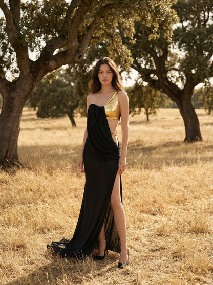 One Shoulder Draped Maxi Dress Black Gold HV2763