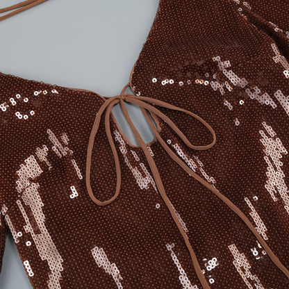 Long Sleeve Sequin Backless Dress Brown