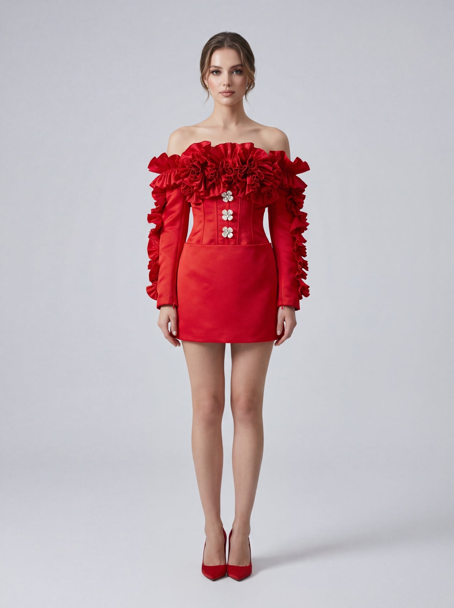 Long Sleeve Bardot Ruffle Dress Red HV2910