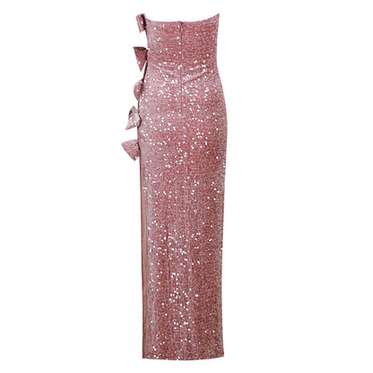 Strapless Bow Sequin Velvet Maxi Dress Pink HV9956