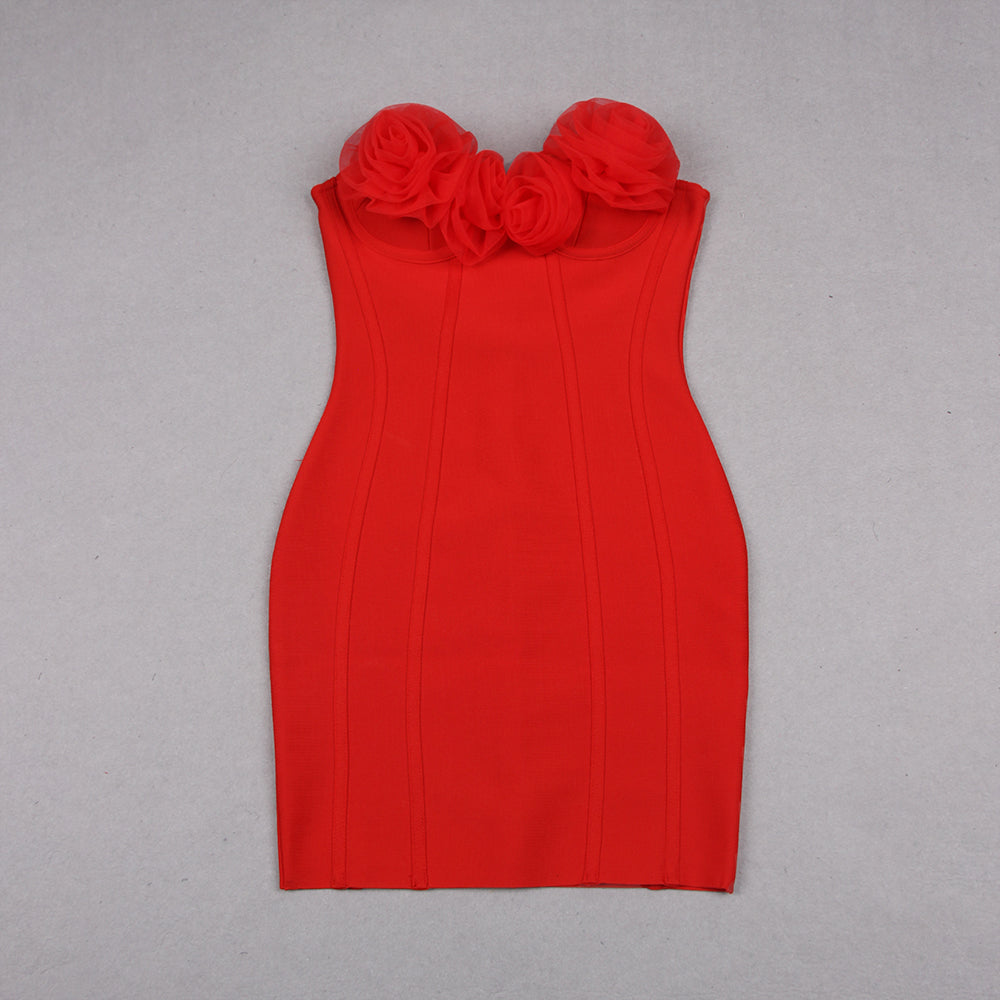 Flower Detail Strapless Dress Red HV9548