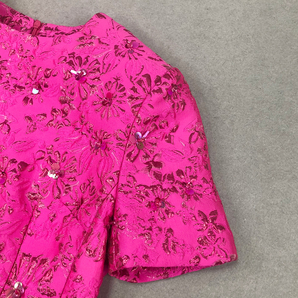 Short Sleeve Floral Sequin Dress Hot Pink HV1309