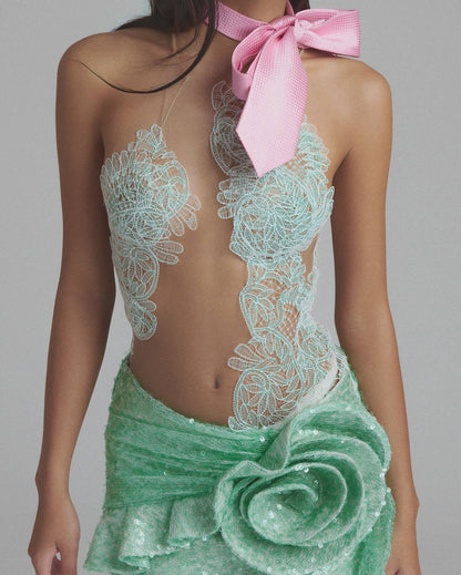 Lace Floral Sequin Dress Green HV2655
