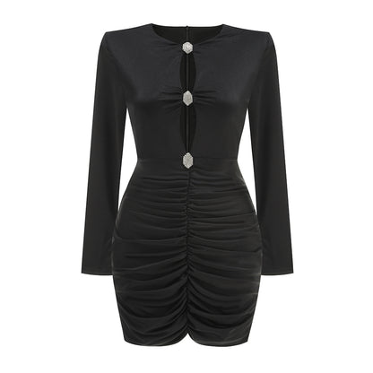 Long Sleeve Ruched Cut Out Dress Black HV2239