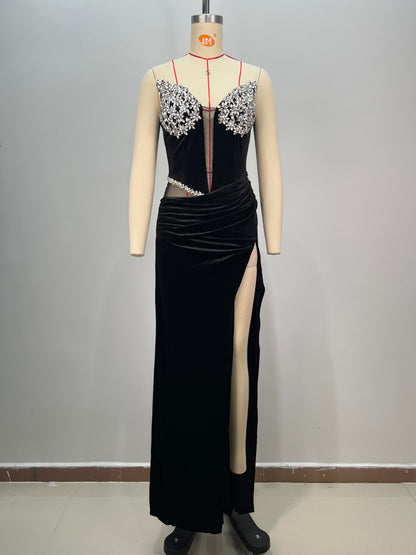 Strapless Crystal Floral Maxi Velvet Dress Black HV1677