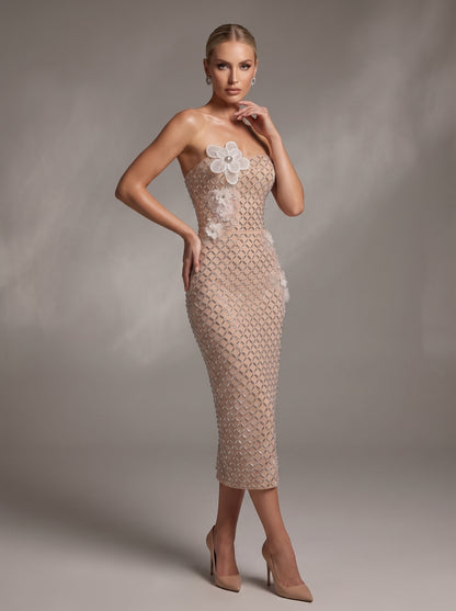 Strapless Floral Detail Embellished Midi Dress Nude HV3139