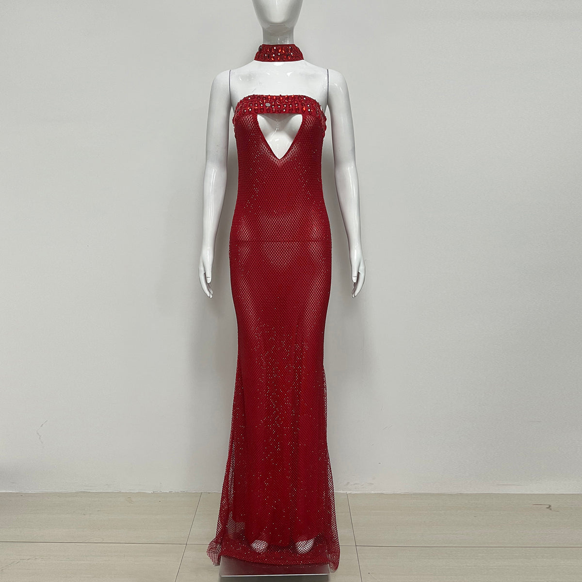 Strapless Choker Embellished Maxi Dress Red HV2815